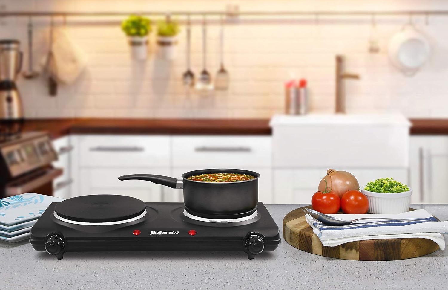 Elite Gourmet EDB-302BF Countertop Double Cast Iron Burner, 1500 Watts Electric Hot Plate, Temperature Controls, Power Indicator Lights, Easy to Clean, Black - Image 2