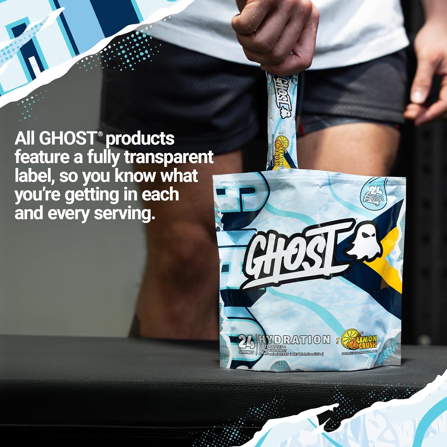 GHOST Hydration Packets, Lemon Crush, 24 Sticks, Electrolyte Powder - Drink Mix Supplement with Magnesium, Potassium, Calcium, Vitamin C - Vegan Friendly, Free of Soy, Sugar & Gluten - Image 5