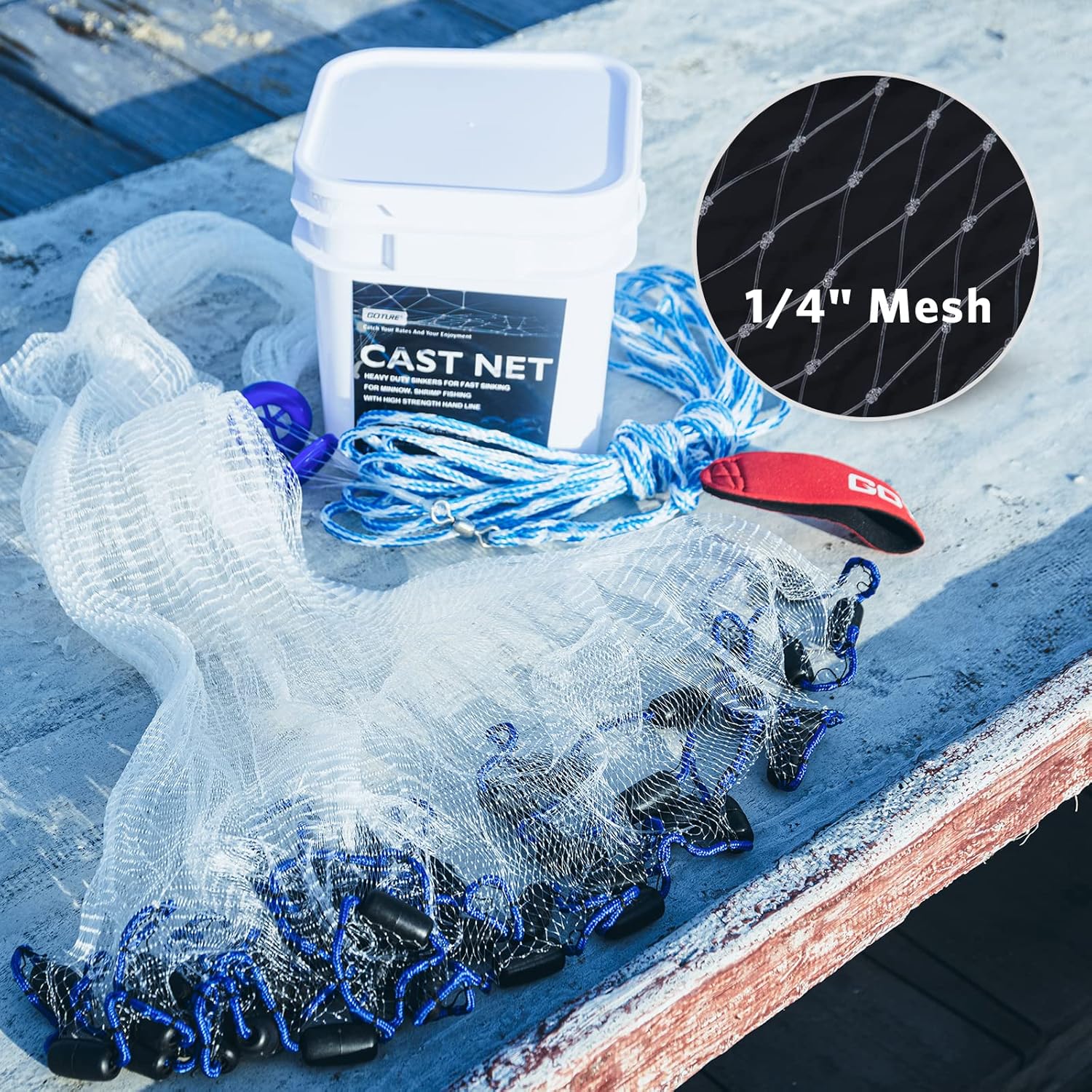 Goture American Fishing Cast Net,Casting Nets Freshwater Saltwater for Bait Fish Shrimp Trap 3ft/4ft/6ft/7ft/8ft/10ft/12ft Radius 1/4 3/8inch Mesh Size,Throw Fishing Castnet with Needle Shuttle - Image 3
