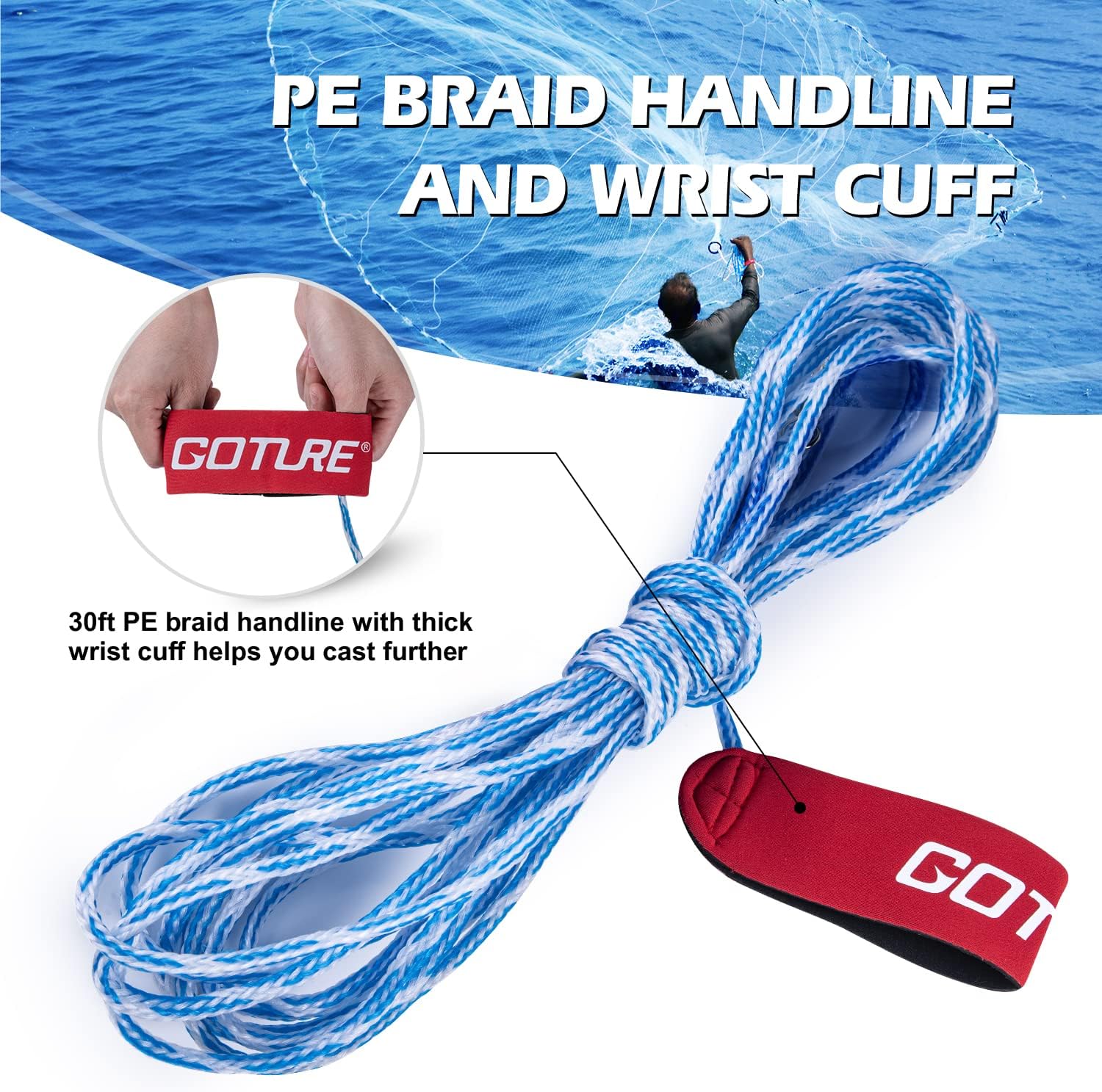 Goture American Fishing Cast Net,Casting Nets Freshwater Saltwater for Bait Fish Shrimp Trap 3ft/4ft/6ft/7ft/8ft/10ft/12ft Radius 1/4 3/8inch Mesh Size,Throw Fishing Castnet with Needle Shuttle - Image 4