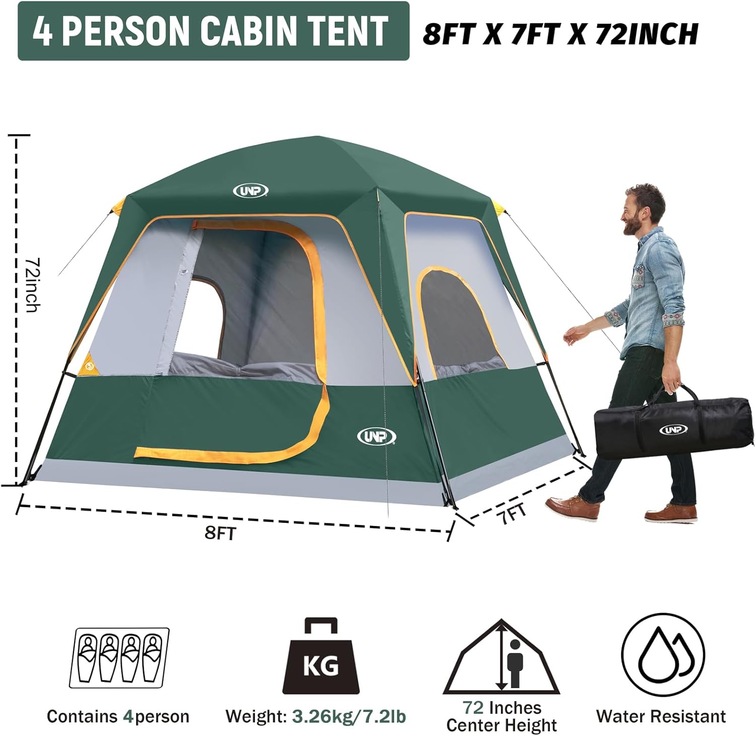 UNP 2/4/6/8 Person Tent, Portable Cabin Tent, Camping Tent 4-Person Easy Set Up, Waterproof with Top Rainfly for Outdoor Camping/Hiking - Image 2